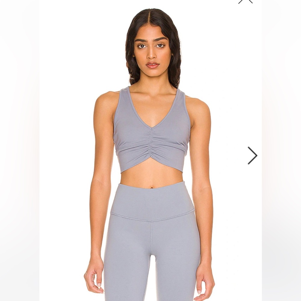 alo yoga wild thing bra + full-length airbrush leggings in steel blue